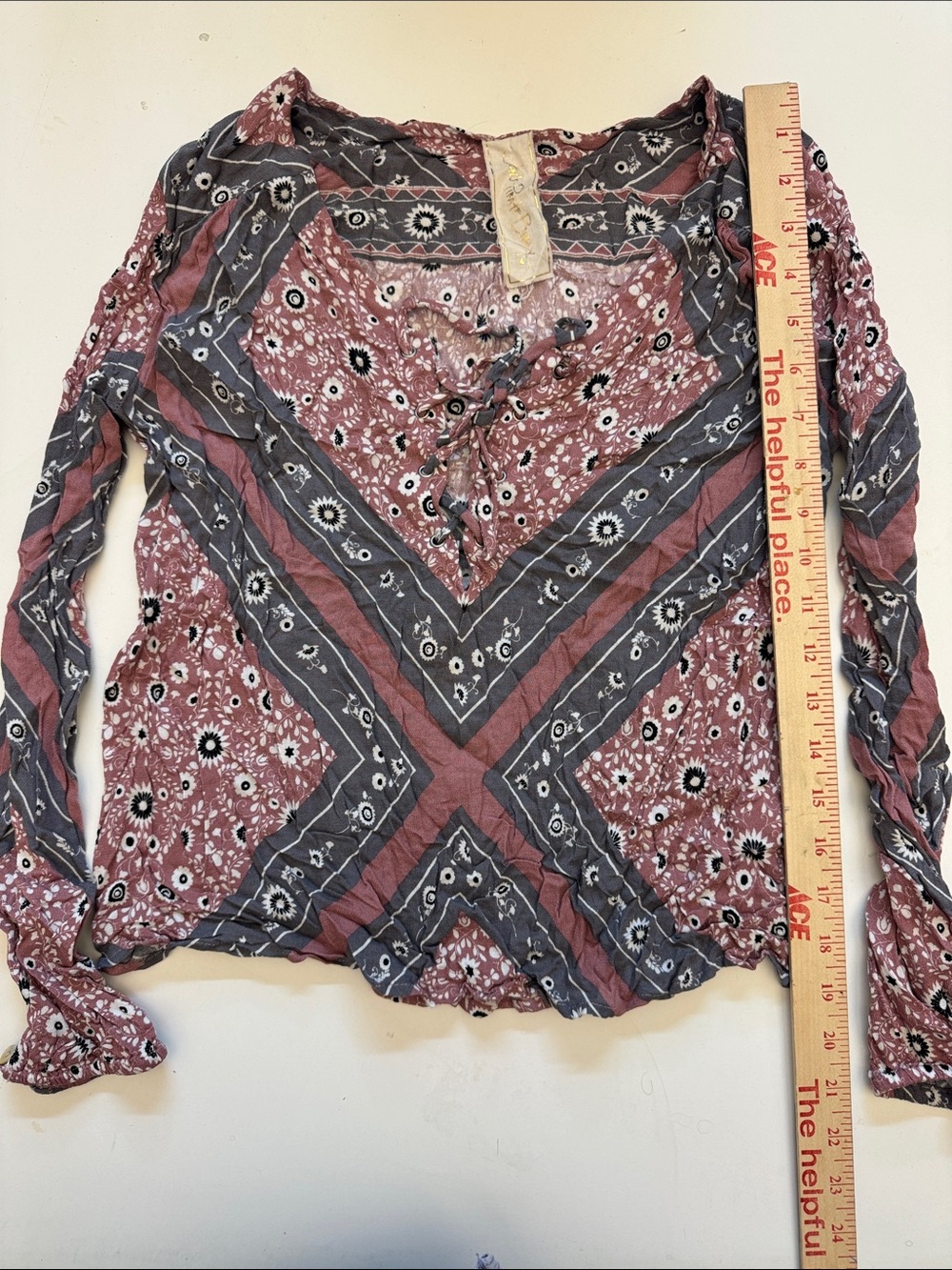 Jen's Pirate Booty Mauve and Charcoal Printed Lace-Up Long Sleeve Top